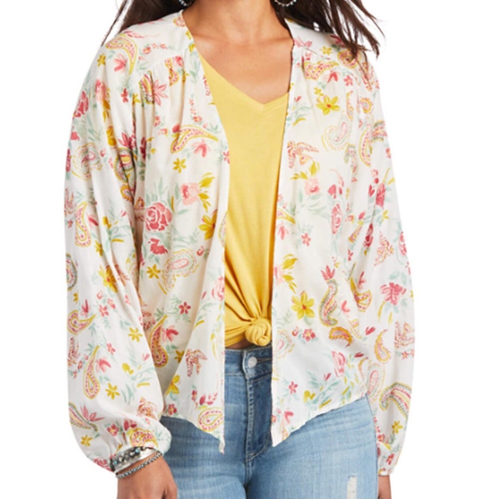 Ariat Floral Paisley Open Front Cardigan Boho Modal Balloon Sleeve White M ee